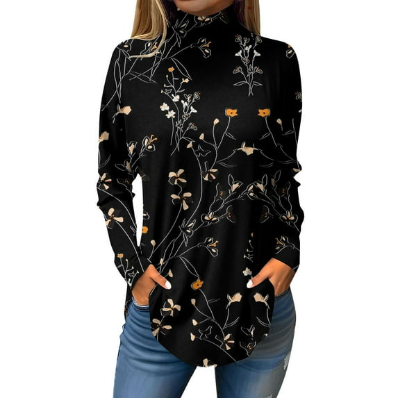 TQWQT Plus Size Turtlenecks for Women Loose Fit Floral Printed Tunic Top Long Sleeve Mockneck T Shirts Trendy Curved Hem Graphic Tee Fall Outfits 2024 Coffee S
