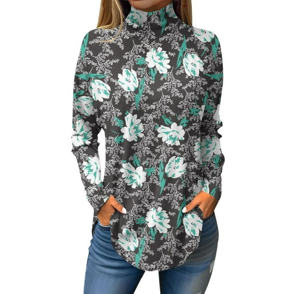 TQWQT Plus Size Turtlenecks for Women Loose Fit Floral Printed Tunic Top Long Sleeve Turtleneck T-Shirt Curved Hem Graphic Tee Fall Outfits 2024 Gray S