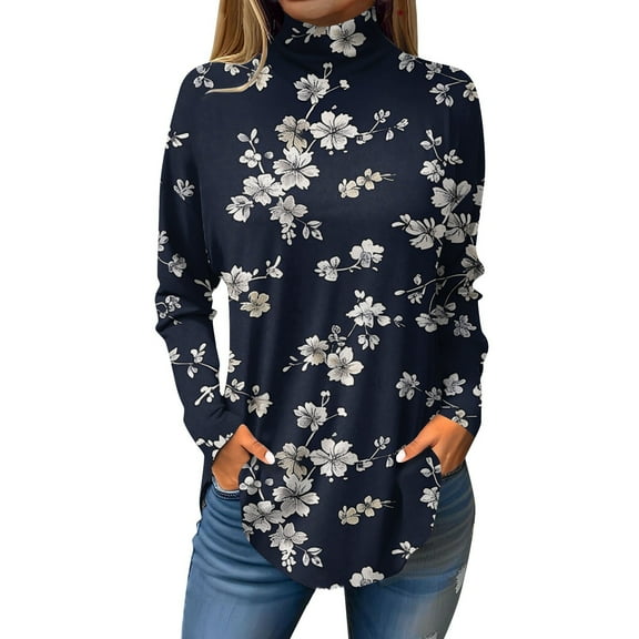 TQWQT Plus Size Turtlenecks for Women Loose Fit Floral Printed Tunic Top Long Sleeve Turtleneck T Shirts Trendy Curved Hem Graphic Tee Fall Outfits 2024 Navy L