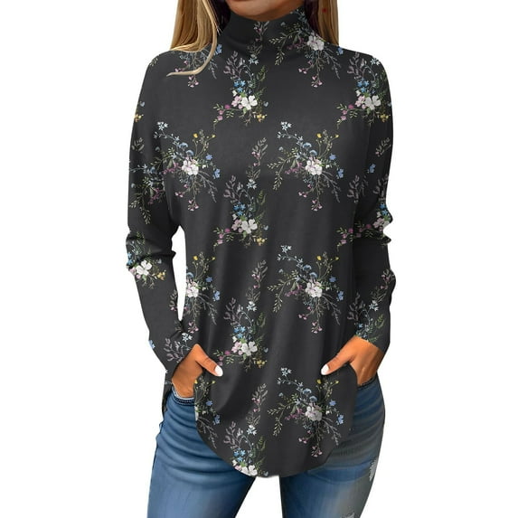 TQWQT Plus Size Turtlenecks for Women Fall Floral Printed Tunic Top Long Sleeve Mockneck T Shirts Loose Fit Curved Hem Graphic Tee Black M