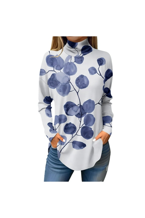 Plus Size Turtlenecks for Women Fall Floral Printed Tunic Top Long Sleeve Turtleneck T-Shirts Loose Fit Curved Hem Graphic Tee Blue 2XL