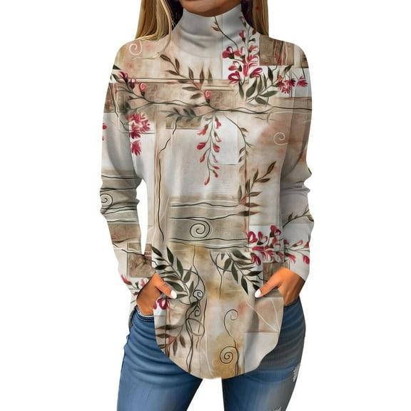 TQWQT Plus Size Turtlenecks for Women Fall Floral Printed Tunic Top Long Sleeve Turtleneck T-Shirts Loose Fit Curved Hem Graphic Tee Khaki 3XL