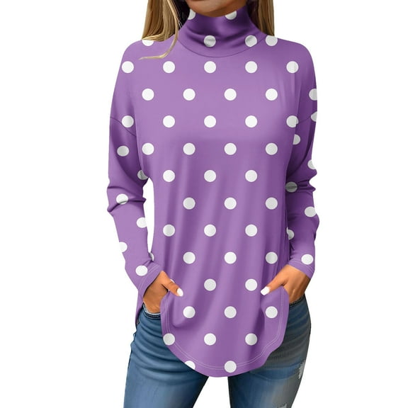 TQWQT Plus Size Turtlenecks for Women Fall Polka Dot Printed Tunic Top Long Sleeve Mockneck T-Shirts Loose Fit Curved Hem Graphic Tee Purple M