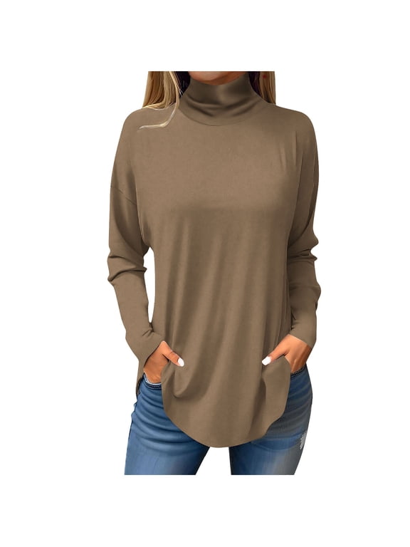 TQWQT Plus Size Turtlenecks for Women Fall Solid Color Printed Tunic Top Long Sleeve Mockneck T-Shirt Loose Fit Curved Hem Graphic Tee Camel 2XL