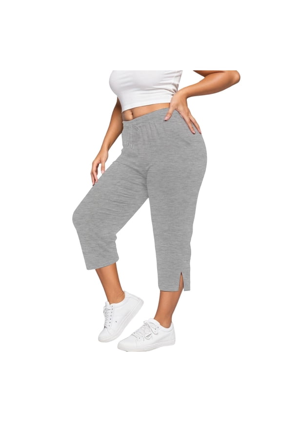 Plus Size Women Capris High Waist Workout Yoga Capris with Pockets Tummy Control Black Leggings Straight Leg Athletic Capri with Pockets Gray L