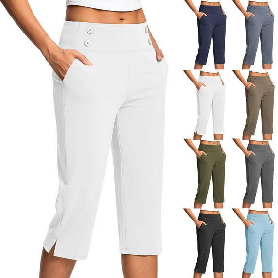 TQWQT Plus Size Women Capris Summer Straight Leg Athletic Workout Capris with Pockets Tummy Control Capris High Waist Plus Size Athletic Capri M