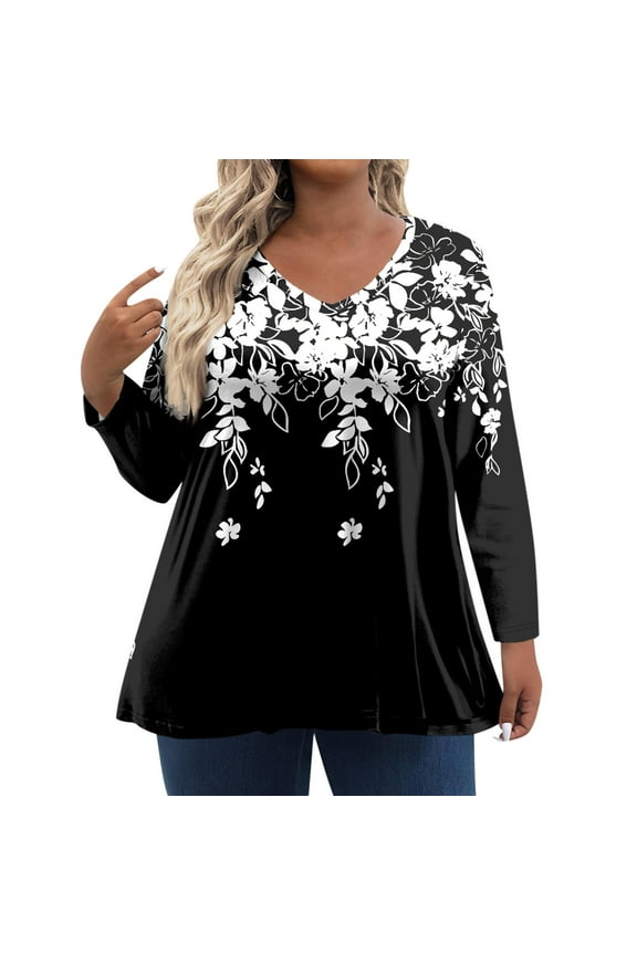 Plus Size Womens Tops 4x-5x Fall Tunic Tops V Neck Floral Print Long Sleeves Tee Dressy Casual Tee Shirts 5x Women Plus Size Clothing Black 4XL