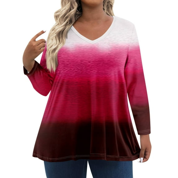 TQWQT Plus Size Womens Tops 4x-5x Fall V Neck T Shirts Gradient Graphic Tees Long Sleeve Tee Shirt Tops Large Casual Outfits for Women Red 5XL