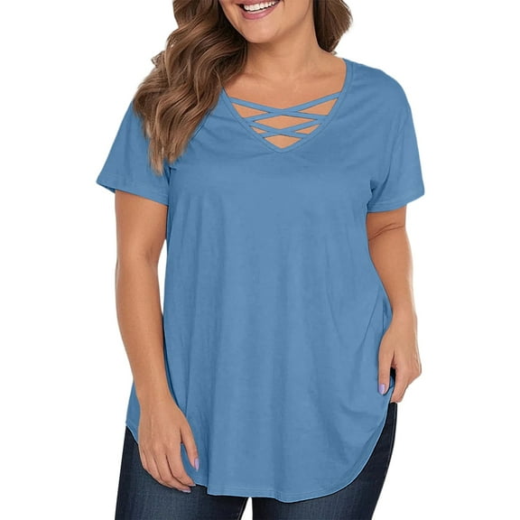 TQWQT Plus Size Womens Tops 4x-5x Plus Size Spring Tops V Neck Criss Cross Short Sleeve T Shirts Plus Women Basic Plain Dressy Casual T Shirts Loose Fit Womens Clothing Blue XL