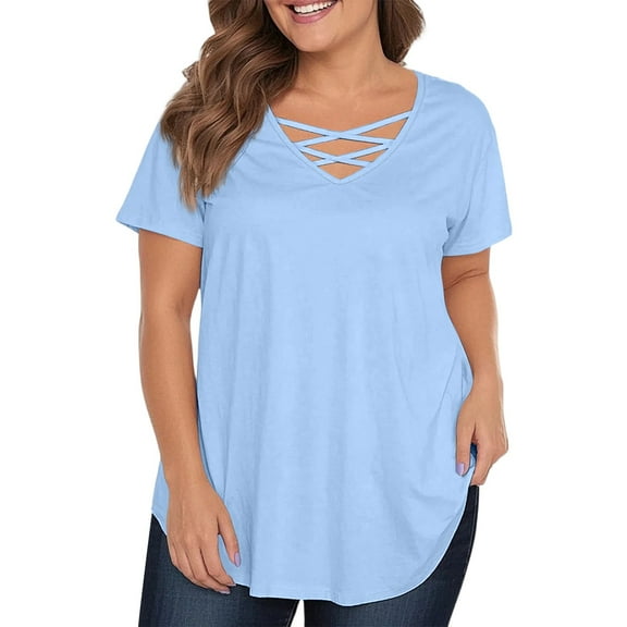TQWQT Plus Size Womens Tops 4x-5x Sexy Plus Size Tops Basic Plain V Neck Criss Cross Plus Size Tunics Short Sleeve Dressy Casual Tee Shirts Loose Fit Summer Outfits Light Blue 3XL
