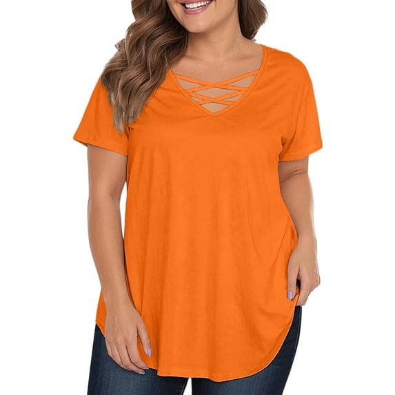 TQWQT Plus Size Womens Tops 4x-5x Sexy V Neck Criss Cross Shirts Basic Plain T-Shirt Short Sleeve Shirts Loose Casual Tunic Tops Orange 3XL