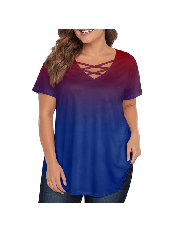 Plus Size Womens Tops 4x-5x Summer V Neck Criss Cross Tshirts Gradient Print T-Shirt Short Sleeve Blouses Loose Fit Casual Tunic Tops Dark Blue 3XL