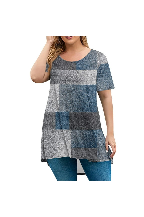 Plus Size Womens Tops 4x-5x Trendy Crewneck Tshirts Floral Print T-Shirt Short Sleeve Tops Loose Fit Casual Clothes for Women Blue 4XL