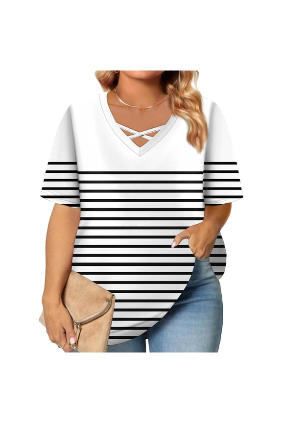 Plus Size Womens Tops 4x-5x Trendy Short Sleeve Tee Shirt Tops Striped Color Block Graphic T-Shirt V Neck Criss Cross Tunic Shirts Dressy Casual Trendy Tunics 3XL