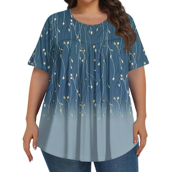 TQWQT Plus Size Womens Tops 4x-5x Trendy Short Sleeve Tunic Tops Floral Pleated T-Shirt Crew Neck T Shirts Dressy Casual Tunic Tops Royal Blue XL