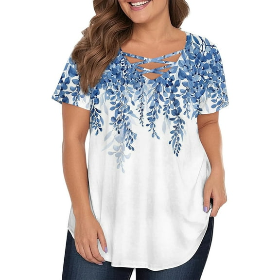 TQWQT Plus Size Womens Tops Cute 3x Women Tunic V Neck Criss Cross Womens Plus Size Tops Short Sleeve Dressy Casual Floral Graphic Tees 5x Women Plus Size Clothing Blue 4XL