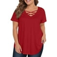 thumbnail image 1 of TQWQT Plus Size Womens Tops Cute Plus Size Blouses 5x V Neck Criss Cross Short Sleeve T Shirts Curvy Women Basic Plain Dressy Casual Blouses Women Loose Fit Clothes Red 3XL, 1 of 4