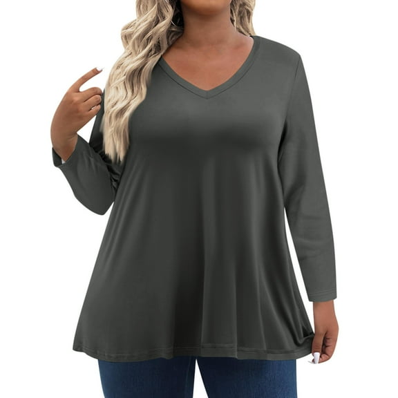 TQWQT Plus Size Womens Tops Dressy Fall Long Sleeve Blouses Solid Color T-Shirt V Neck Tshirts Loose Casual Blouses Dark Gray 5XL