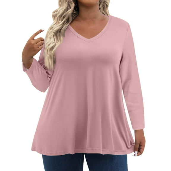TQWQT Plus Size Womens Tops Dressy Fall V Neck T Shirts Solid Color T-Shirt Long Sleeve Tunic Tops Loose Fit Casual Tunics Blouses Pink 3XL