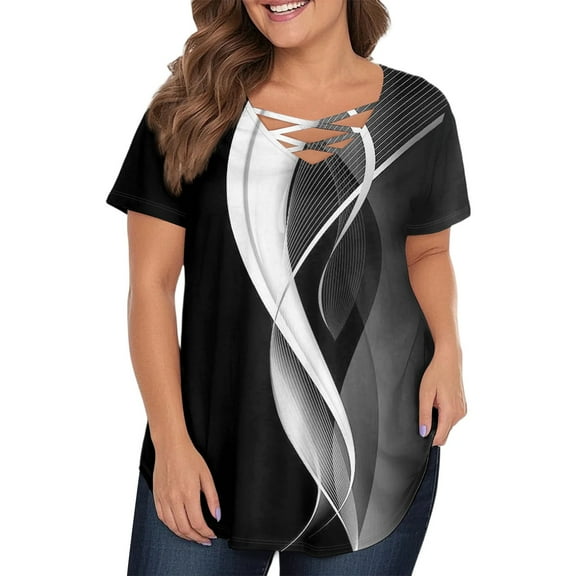 TQWQT Plus Size Womens Tops Dressy Summer Short Sleeve Tunic Tops Striped Color Block Graphic T-Shirt V Neck Criss Cross Shirts Large Casual Womens Clothing Black XL