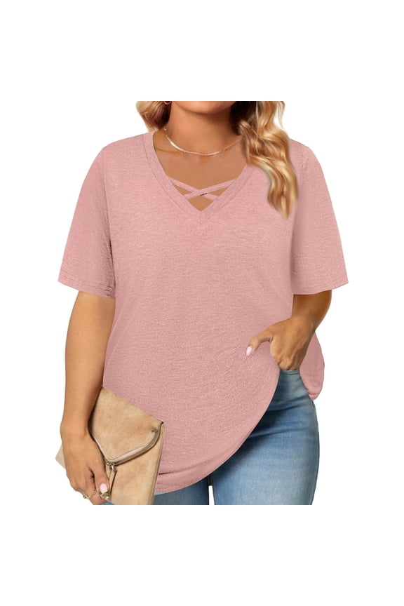 TQWQT Plus Size Womens Tops Dressy Summer Short Sleeve Tunics Shirts Pink Basic Plain Tees V Neck Criss Cross Tshirts Loose Casual Summer Clothes 4XL