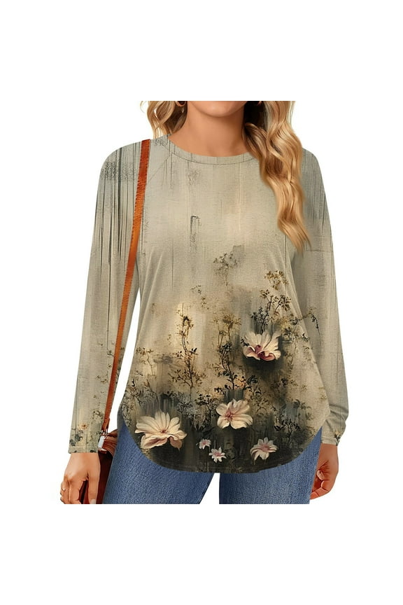 Plus Size Womens Tops Fashion Womens Plus Size Dressy Tops Crewneck Womens Plus Size Tops Long Sleeve Floral Print Casual Tunics 5x Women Plus Size Clothing Gray 5XL