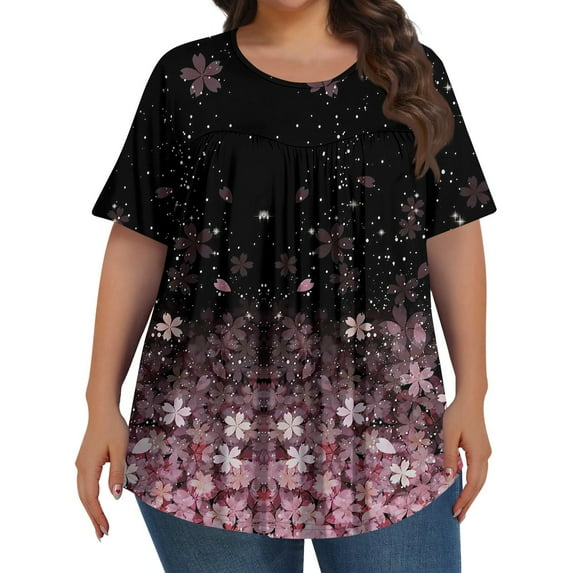 TQWQT Plus Size Womens Tops Flowy Summer Short Sleeve Tops Floral Pleated T-Shirt Crew Neck Tshirts Loose Fit Casual Curvy Women Clothes Light pink 2XL