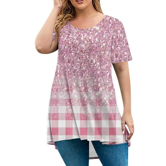 TQWQT Plus Size Womens Tops Sexy Summer Short Sleeve Tee Shirt Tops Floral Print T-Shirt Crewneck Tunic Shirts Loose Fit Casual Trendy Tunics Pink 3XL