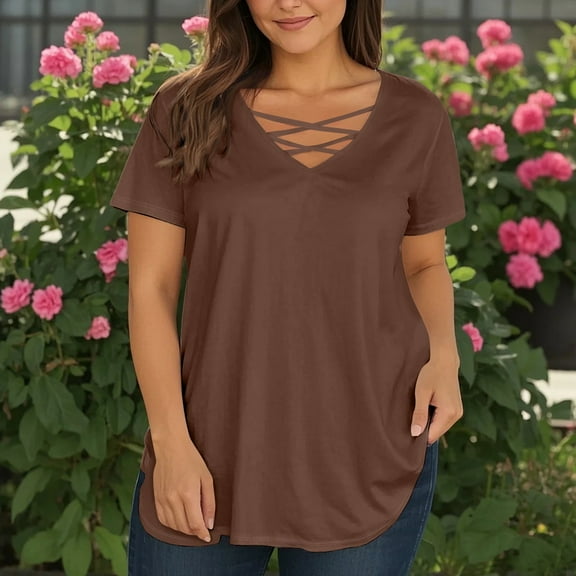 TQWQT Plus Size Womens Tops Sexy Summer Short Sleeve Tops Basic Plain T-Shirt V Neck Criss Cross Shirts Dressy Casual Clothes for Women Coffee L