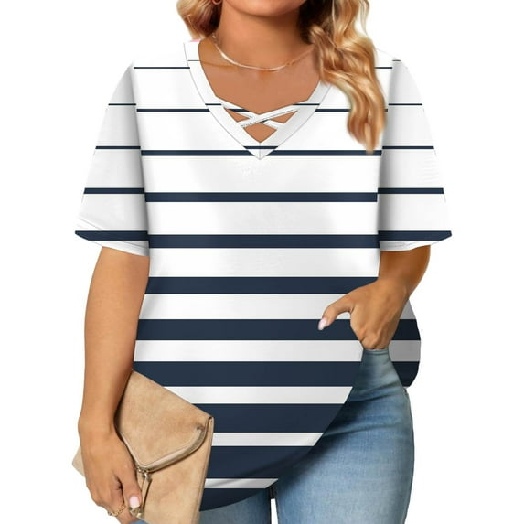 TQWQT Plus Size Womens Tops Sexy Summer Short Sleeve Tops Striped Color Block Graphic T-Shirt V Neck Criss Cross T Shirts Dressy Casual Clothes for Women 3XL