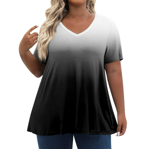 TQWQT Plus Size Womens Tops Summer Women Dressy Blouses V Neck Pllus Size Short Sleeves Tee Gradient Print Casual Tshirt 5x Women Plus Size Clothing Black 3XL