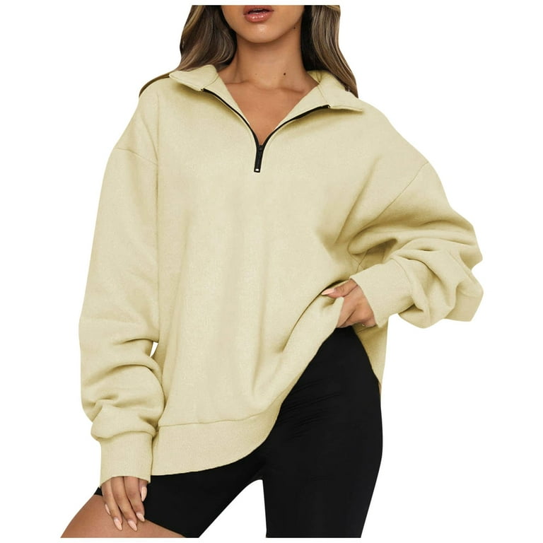 Womens Oversized Half Zip Long Sleeve Sweatshirt Solid Color Quarter Zipper  Trendy Teen Girls Drop Shoulder Pullover Light Grey