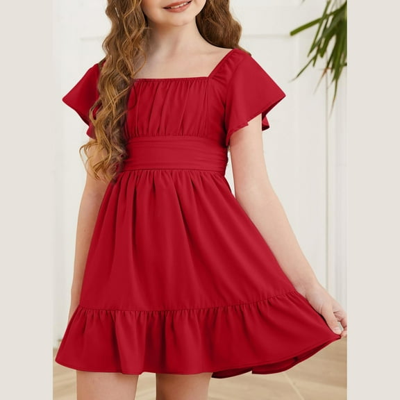 TQWQT Red Dresses for Girls Summer Off Shoulder Girls Dresses Size Tie Back Dresses Cute Kids Square Neck Formal Dress Basic Tween Girls Clothes