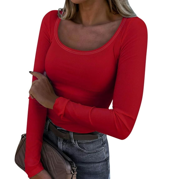 TQWQT Red Long Sleeve Shirts for Women Ribbed Knit Thermal Shirts Tight Business Tops Scoop Neck Basic Tshirts Fashion Casual Fall Winter Clothes Red M
