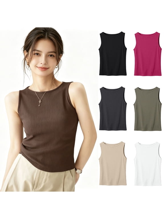 Ribbed Tank Tops for Women Sleeveless Crew Neck Summer Tops Slim Fit Layering Camisole Soft Stretchy Knit Casual Racerback Tank Shirt Beige XXL