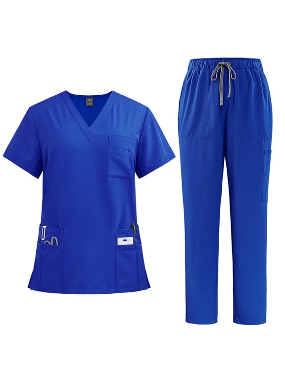 Scrubs for Women Plus Size Nurse Uniforms Stretchy V Neck Cargo Scrub Pants and Tops Medical Scrubs with Pockets Royal Blue M
