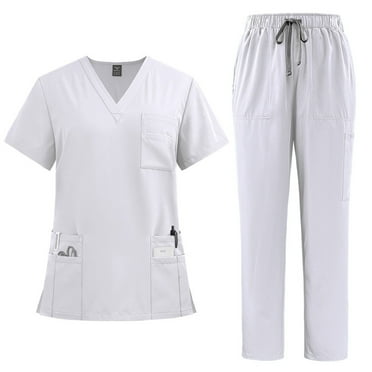 TQWQT Scrub Sets for Woman Plus Size Scrub Sets Stretchy V-Neck Cargo Scrub Pants and Tops Medical Scrub Sets Nurse Uniforms Tall Scrubs Sets White XXL