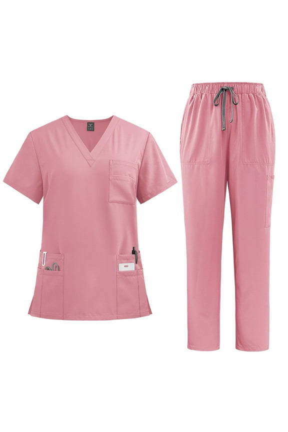 TQWQT Scrubs for Women Set Clearance Plus Size Scrub Sets Stretchy V Neck Scrub Pants and Tops Nursing Uniforms Medical Scrubs Tall Scrubs Sets Pink XXL