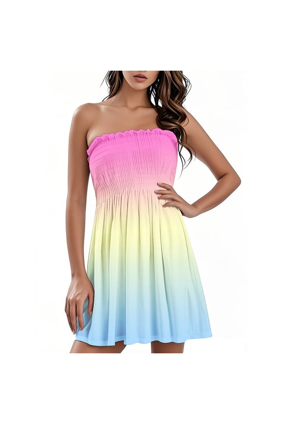 Sexy Summer Dresses for Women 2025 Vacation Beach Cover Up Strapless Bohemian Tube Dress Casual Gradient Print Off Shoulder Sundresses Orange S