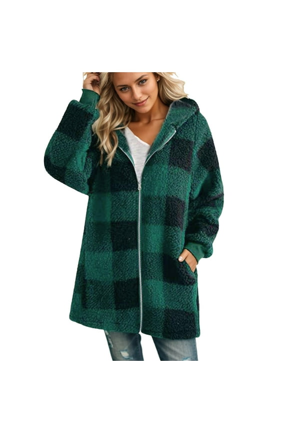 TQWQT Plaid Jackets for Women Fuzzy Plaid Fleece Jacket Cozy Hooded Cardigan Christmas Flannel Coat Warm Zipper Shacket with Pockets Dark Green 2XL