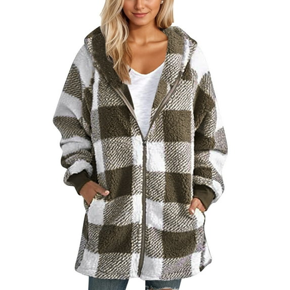 TQWQT Flannel Jacket Women Long Plaid Flannel Fleece Lined Jackets Hooded Cardigan Oversized Fuzzy Coats Winter Warm Zip Up Hoodie with Pockets Khaki 2XL