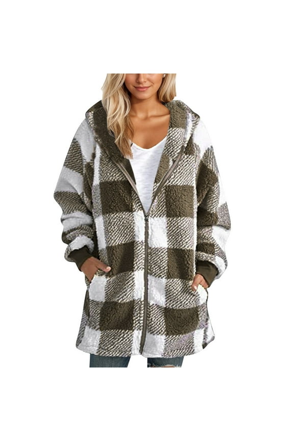 TQWQT Flannel Jacket Women Long Plaid Flannel Fleece Lined Jackets Hooded Cardigan Oversized Fuzzy Coats Winter Warm Zip Up Hoodie with Pockets Khaki 2XL