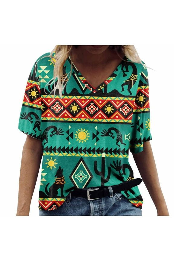 TQWQT Short Sleeve Shirts for Women Causal V Neck Western Aztec T Shirt Summer Loose Fit Ethnic Print Graphic Tees