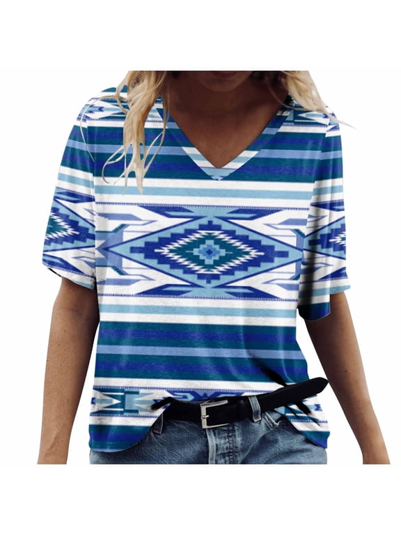 TQWQT Womens T Shirts Western Tribal Ethnic Shirt Aztec Print Casual V-Neck Tops Vintage Graphics Blouse Tunic,Blue L