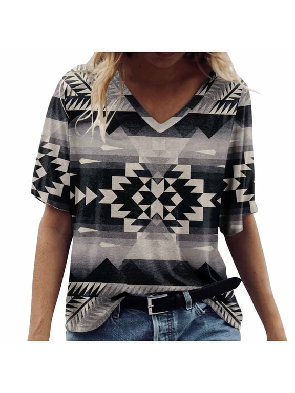 Short Sleeve Shirts for Women Causal V Neck Western Aztec T Shirt Summer Loose Fit Ethnic Print Graphic Tees