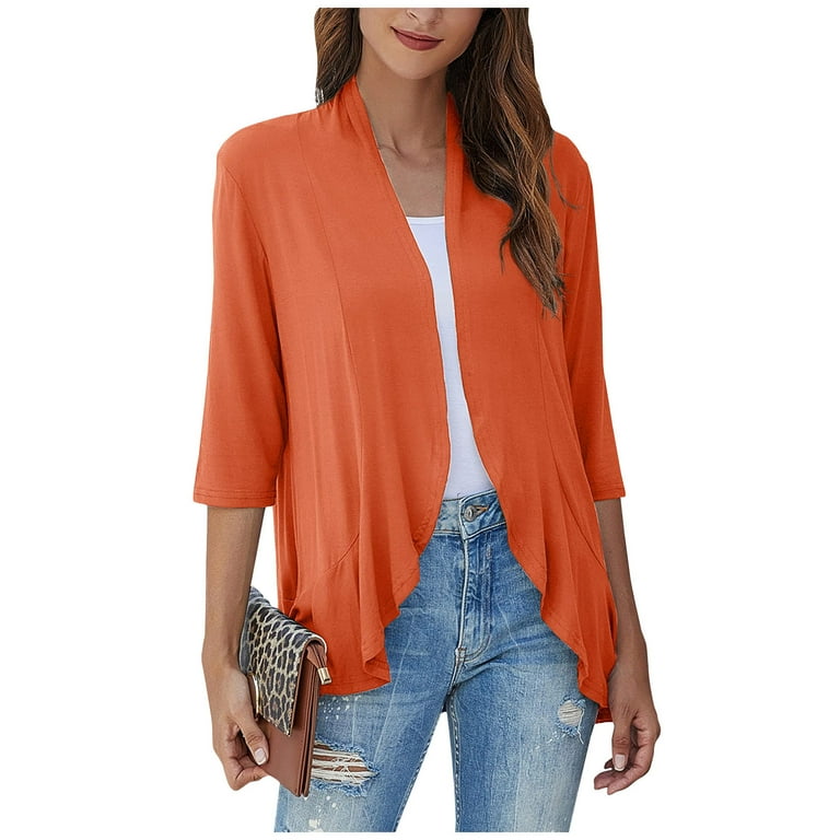 TQWQT Shrugs for Women Fall 3 4 Sleeve Shrug Sweater Open Front Lightweight Draped Ruffle Cardigan Ladies Cropped Jackets Orange M