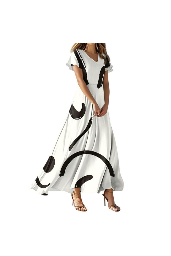 Spring Dresses for Women 2025 Maxi Boho Floral Dress Short Sleeve Plus Size Dresses Casual V Neck Church Dress Summer Tiered Dress Beige XS