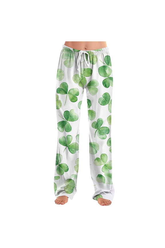 TQWQT St. Patrick Day Pants Women Shamrock Party Pajama Pants Clover St. Patrick Day Comfy Lounge Pajama Pants Wide Leg Parade Drawstring Sleep Pj Bottoms L