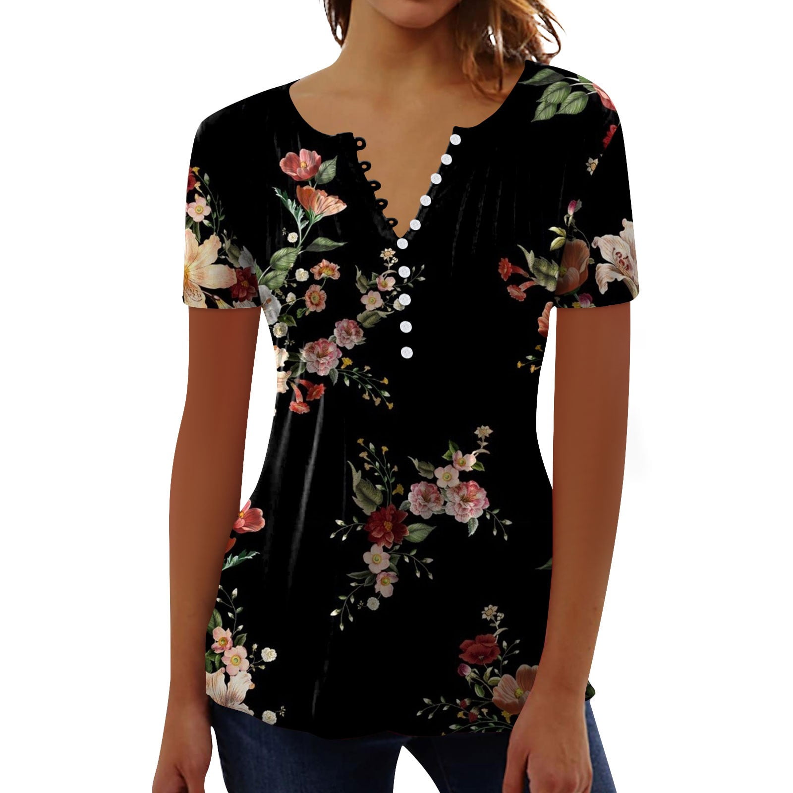  Rpvati Tunic Tops for Women Slim Fit Short Sleeves Dressy Round  Neck Floral Print Tunic Summer Track Trendy Tops 2023 Trendy Tops Tees  Shirt Ladies Pullover De Mujer Black M 