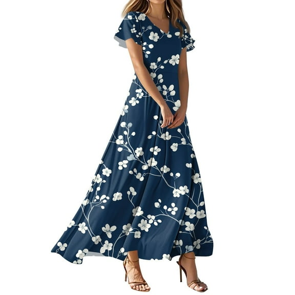 TQWQT Summer Dresses for Women 2025 Short Sleeve Floral Flowy Maxi Dress Plus Size V Neck Casual Wedding Guestes Dress Tiered Ruffle Hem Swing Dress Dark Blue XL